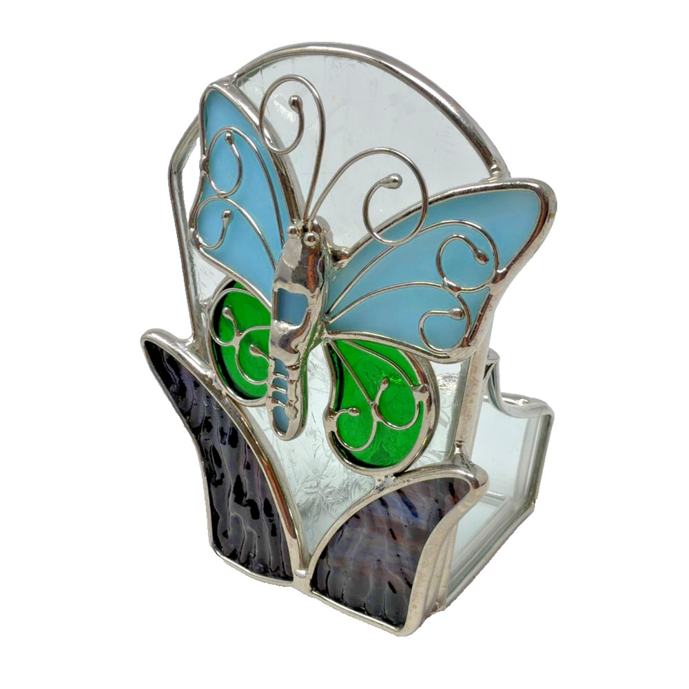 Vintage Stained Glass Butterfly Votive Candle Holder Small Planter